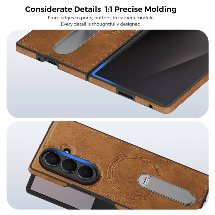 For Samsung Galaxy Z Fold7 5G Magnetic Case Rotating Kickstand Leather Coated PC Phone Cover - Brown - 6