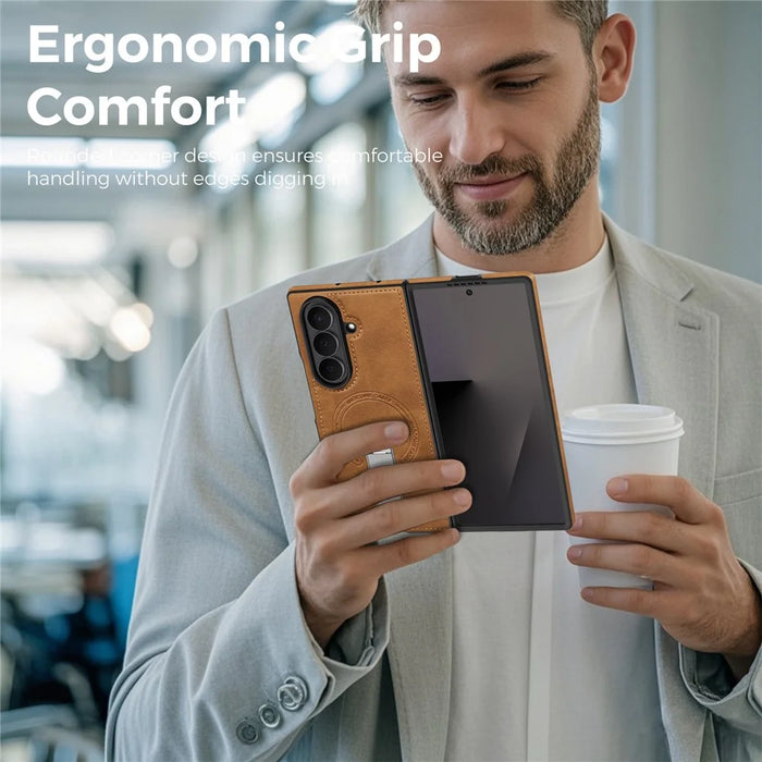 For Samsung Galaxy Z Fold7 5G Magnetic Case Rotating Kickstand Leather Coated PC Phone Cover - Brown - 7