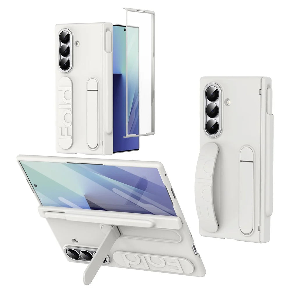 For Samsung Galaxy Z Fold6 5G Case Kickstand Wristband Hard PC Phone Cover with Pen Slot / Stylus - White - 1