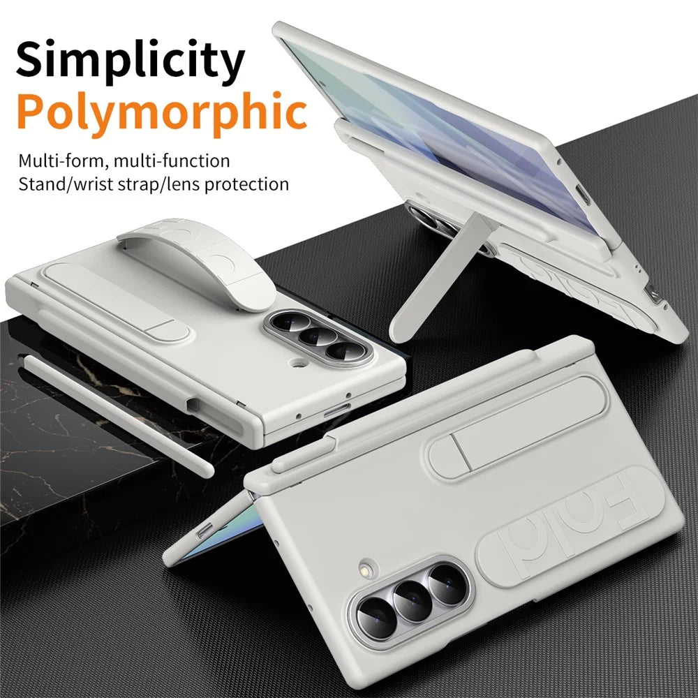 For Samsung Galaxy Z Fold6 5G Case Kickstand Wristband Hard PC Phone Cover with Pen Slot / Stylus - White - 4