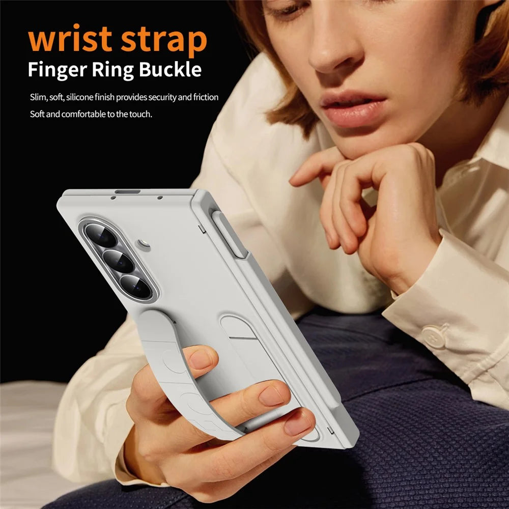 For Samsung Galaxy Z Fold6 5G Case Kickstand Wristband Hard PC Phone Cover with Pen Slot / Stylus - White - 5