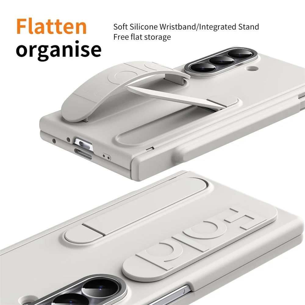 For Samsung Galaxy Z Fold6 5G Case Kickstand Wristband Hard PC Phone Cover with Pen Slot / Stylus - White - 6