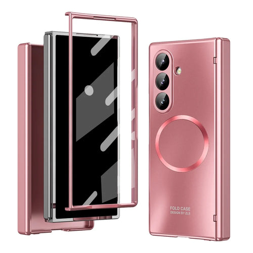 For Samsung Galaxy Z Fold7 5G Case Electroplated PC Magnetic Phone Cover with Tempered Glass Film - Rose Gold - 1