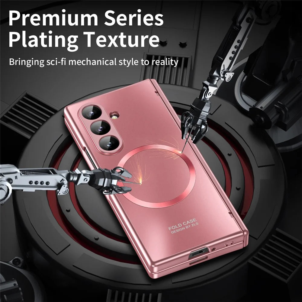 For Samsung Galaxy Z Fold7 5G Case Electroplated PC Magnetic Phone Cover with Tempered Glass Film - Rose Gold - 2