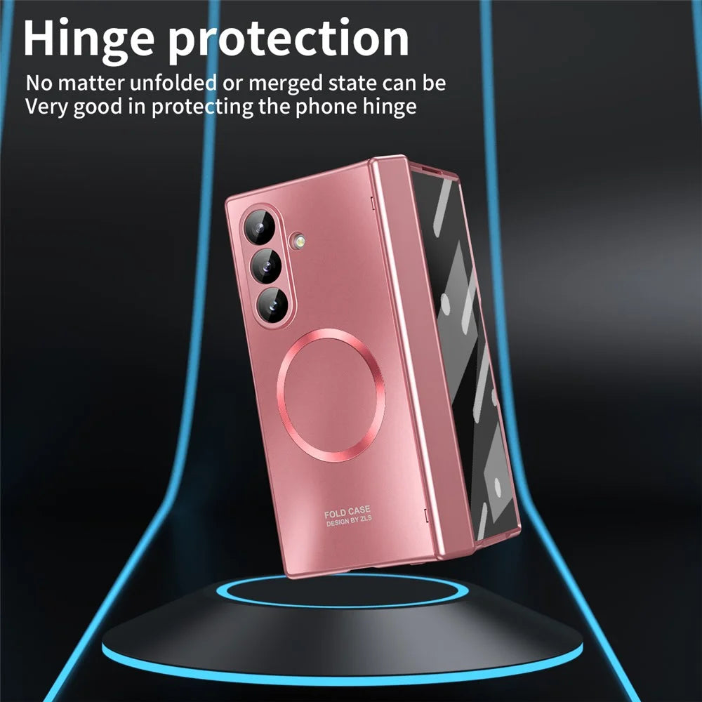 For Samsung Galaxy Z Fold7 5G Case Electroplated PC Magnetic Phone Cover with Tempered Glass Film - Rose Gold - 3