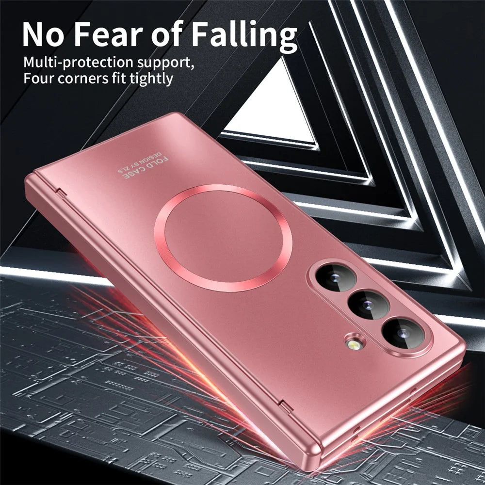 For Samsung Galaxy Z Fold7 5G Case Electroplated PC Magnetic Phone Cover with Tempered Glass Film - Rose Gold - 5
