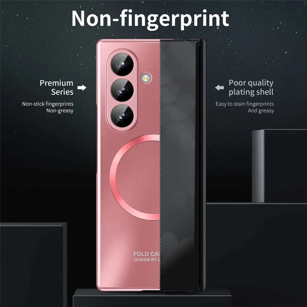 For Samsung Galaxy Z Fold7 5G Case Electroplated PC Magnetic Phone Cover with Tempered Glass Film - Rose Gold - 6