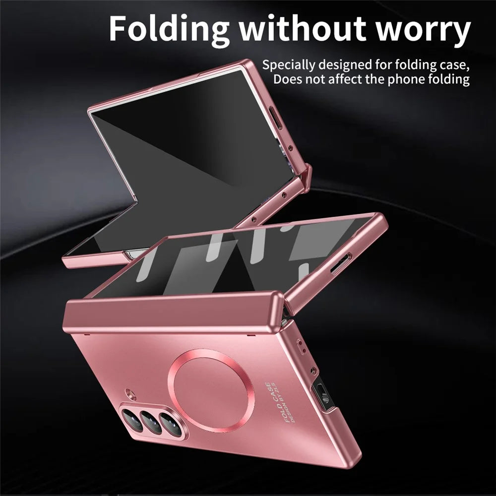 For Samsung Galaxy Z Fold7 5G Case Electroplated PC Magnetic Phone Cover with Tempered Glass Film - Rose Gold - 7