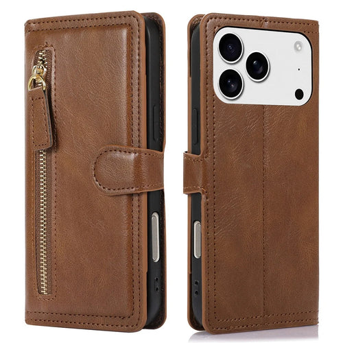 For iPhone 18 Pro / 17 Pro Case Zipper Flip Leather Phone Cover with Card Holder - Brown - 1