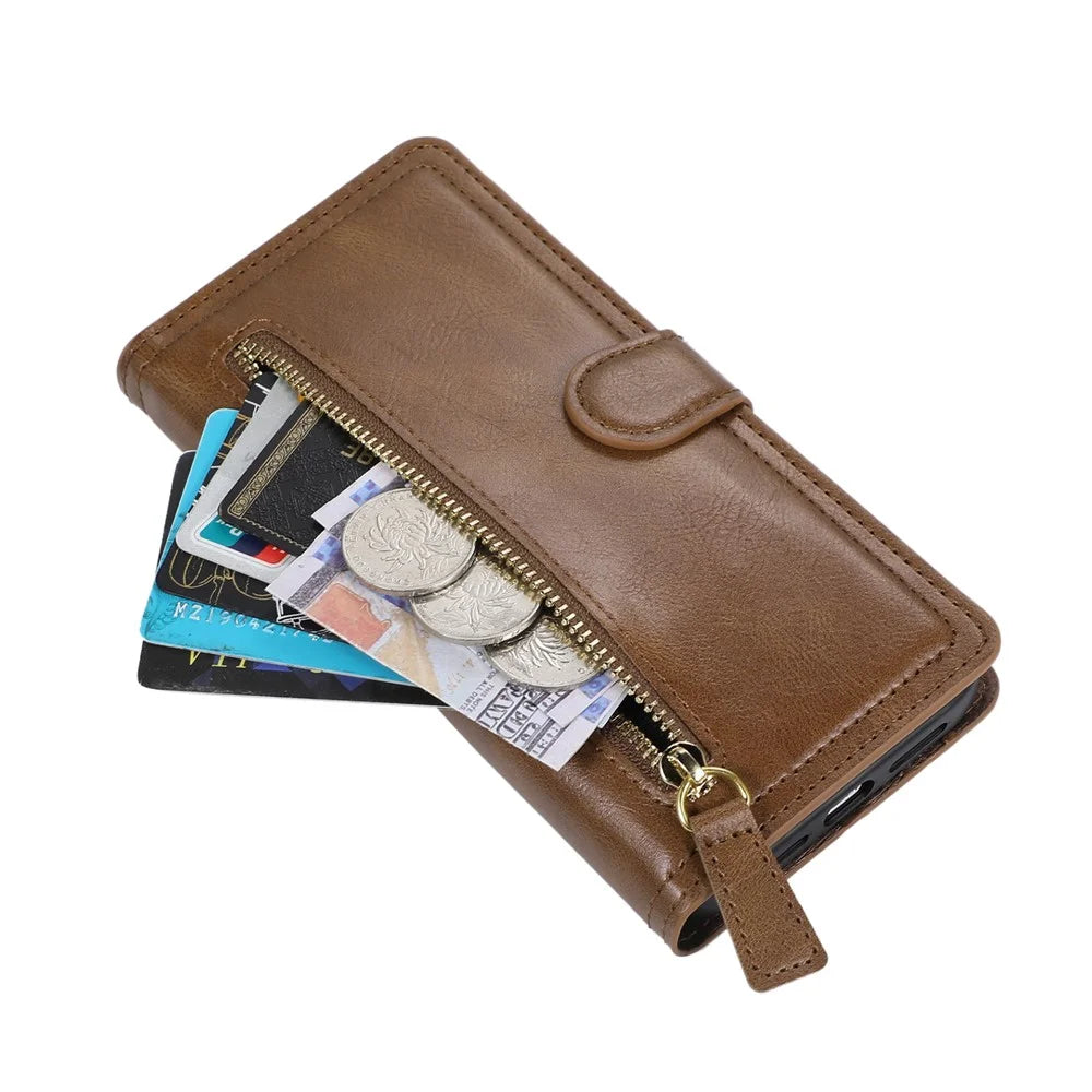 For iPhone 18 Pro / 17 Pro Case Zipper Flip Leather Phone Cover with Card Holder - Brown - 5
