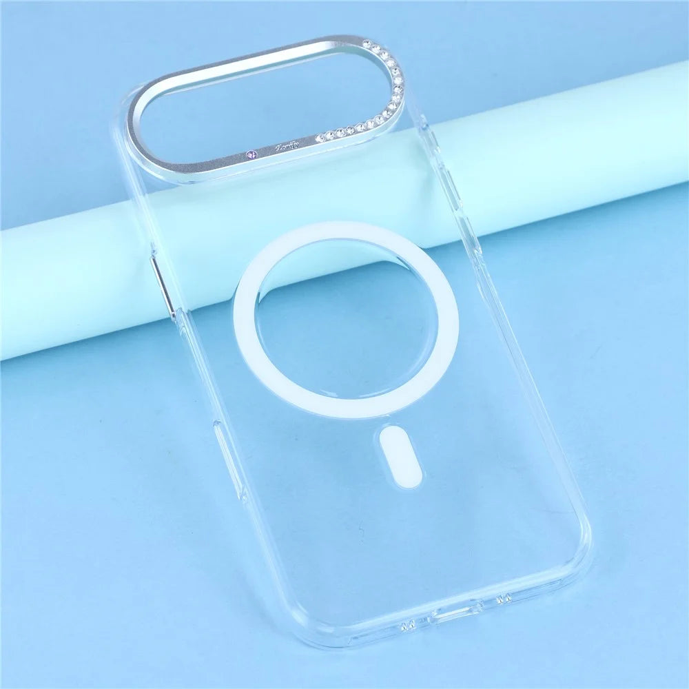 JAUCASE For iPhone Air Magnetic Case Clear PC Phone Cover with Rhinestone Lens Frame  /  AI Button - 6