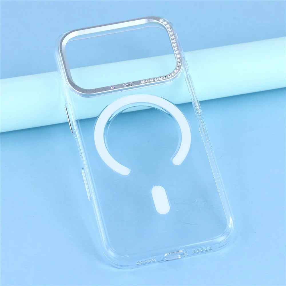 JAUCASE For iPhone 17 Pro Magnetic Case Clear PC Phone Cover with Rhinestone Lens Frame  /  AI Button - 6