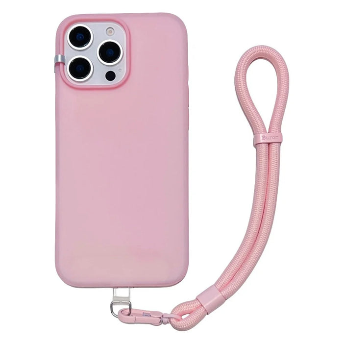 For iPhone 14 Pro Max Case Ice-Transparent Liquid Silicone + PC Phone Cover with Wrist Strap - Pink - 1