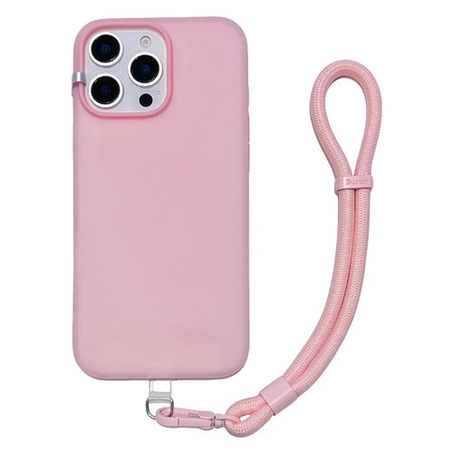 For iPhone 15 Pro Case Ice-Transparent Liquid Silicone + PC Phone Cover with Wrist Strap - Pink - 1