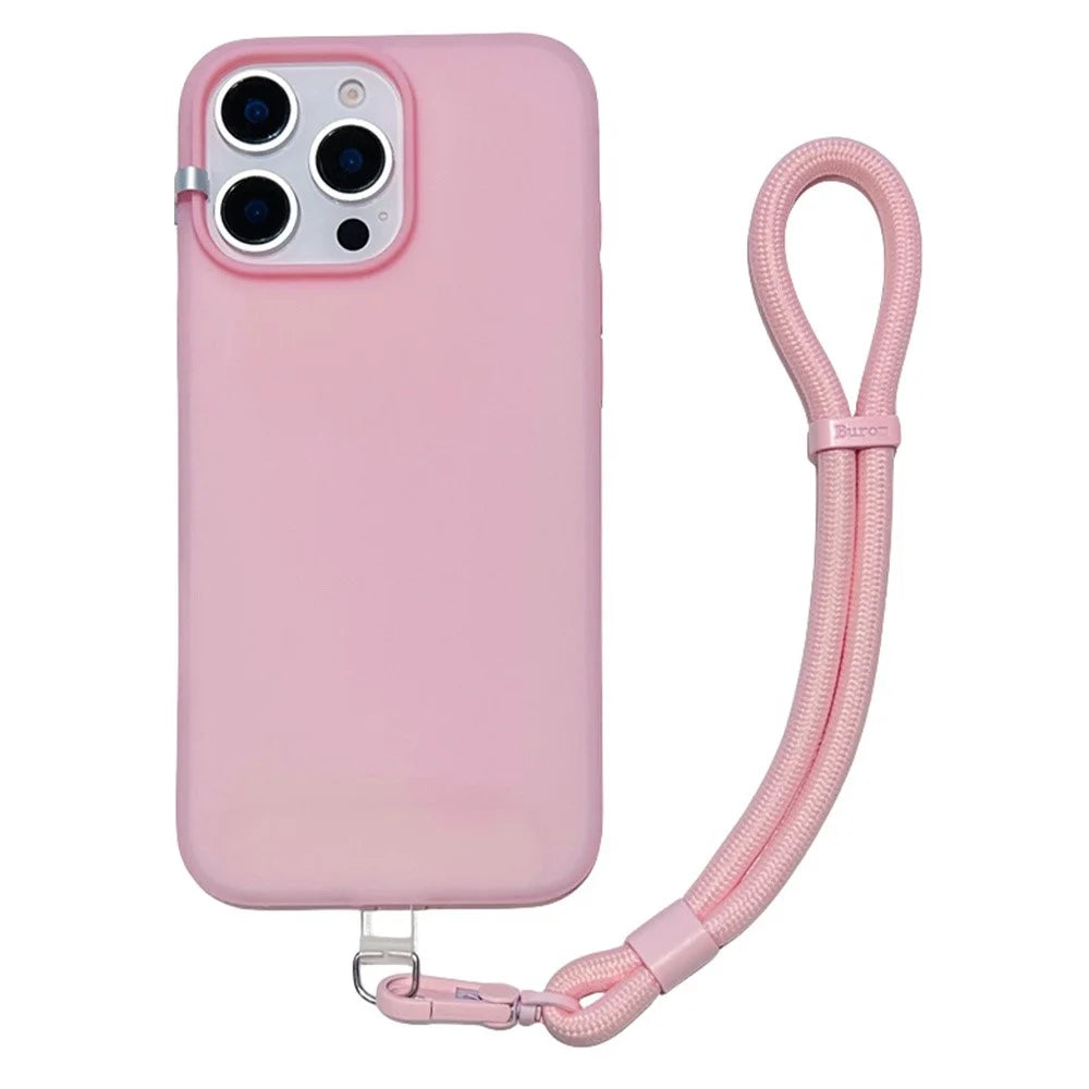 For iPhone 16 Pro Case Ice-Transparent Liquid Silicone + PC Phone Cover with Wrist Strap - Pink - 1