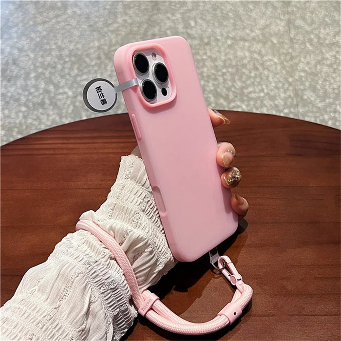 For iPhone 16 Pro Case Ice-Transparent Liquid Silicone + PC Phone Cover with Wrist Strap - Pink - 3