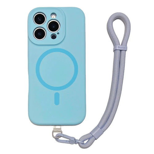 For iPhone 16 Pro Max Case Compatible with MagSafe Precise Cutouts Liquid Silicone + PC Phone Cover with Wrist Strap - Baby Blue - 1