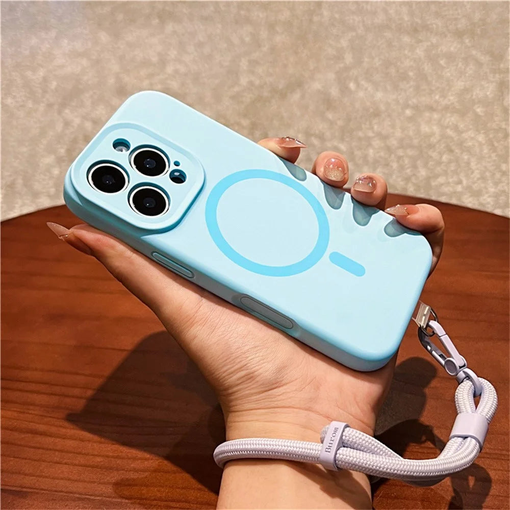 For iPhone 16 Pro Case Compatible with MagSafe Precise Cutouts Liquid Silicone + PC Phone Cover with Wrist Strap - Baby Blue - 3