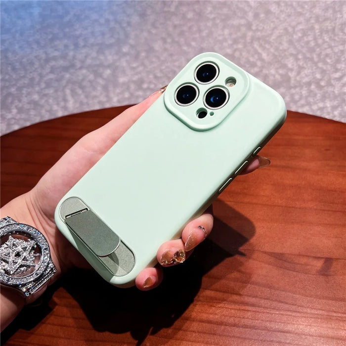 For iPhone 16 Pro Case with Kickstand Precise Cutouts Liquid Silicone + PC Phone Cover - Light Green - 3