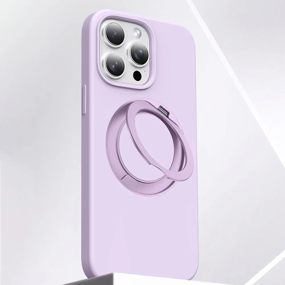 For iPhone 16 Pro Max Case Rotating Kickstand Liquid Silicone + PC Phone Cover with Camera Touch Control Button - Light Purple - 1