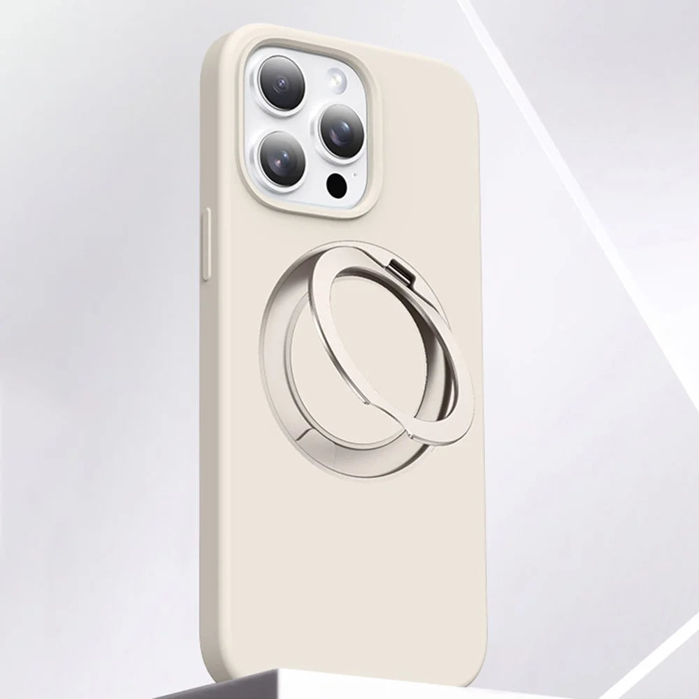 For iPhone 16 Pro Case Rotating Kickstand Liquid Silicone + PC Phone Cover with Camera Touch Control Button - Antique White - 1