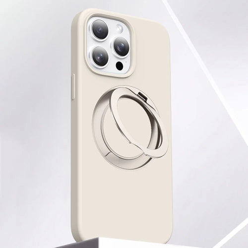 For iPhone 16 Pro Case Rotating Kickstand Liquid Silicone + PC Phone Cover with Camera Touch Control Button - Antique White - 1