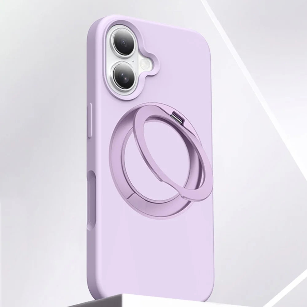 For iPhone 16 Case Rotating Kickstand Liquid Silicone + PC Phone Cover with Camera Touch Control Button - Light Purple - 1