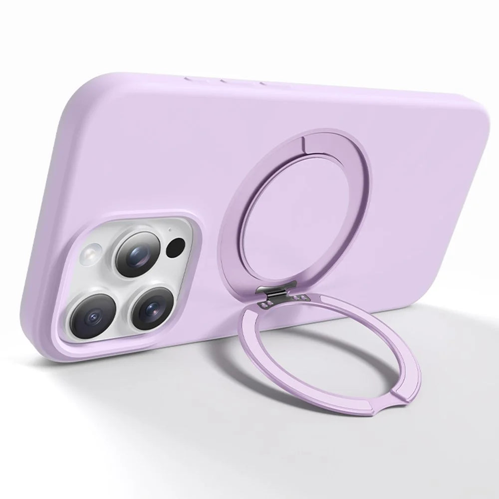 For iPhone 16 Case Rotating Kickstand Liquid Silicone + PC Phone Cover with Camera Touch Control Button - Light Purple - 2