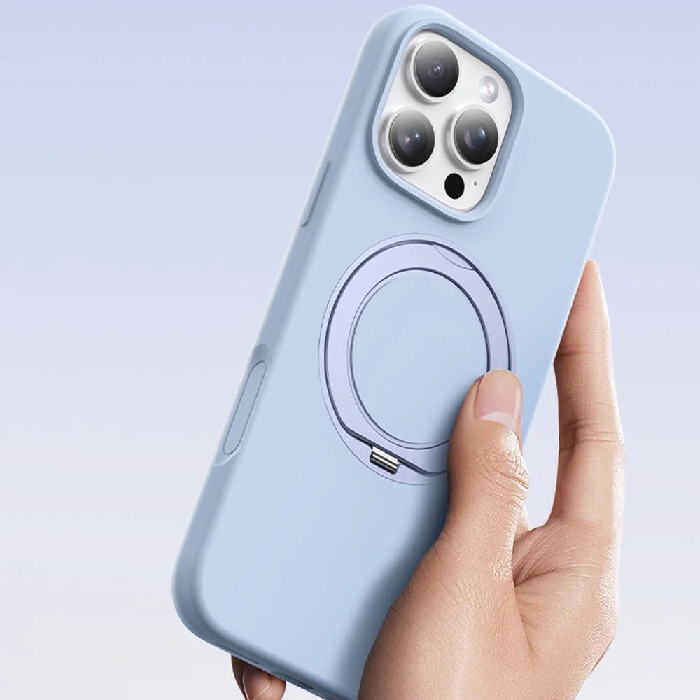 For iPhone 16 Case Rotating Kickstand Liquid Silicone + PC Phone Cover with Camera Touch Control Button - Light Purple - 3