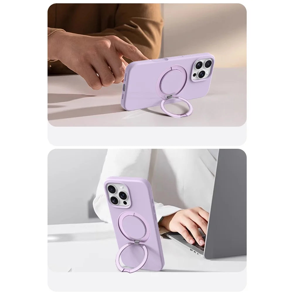 For iPhone 16 Case Rotating Kickstand Liquid Silicone + PC Phone Cover with Camera Touch Control Button - Light Purple - 4