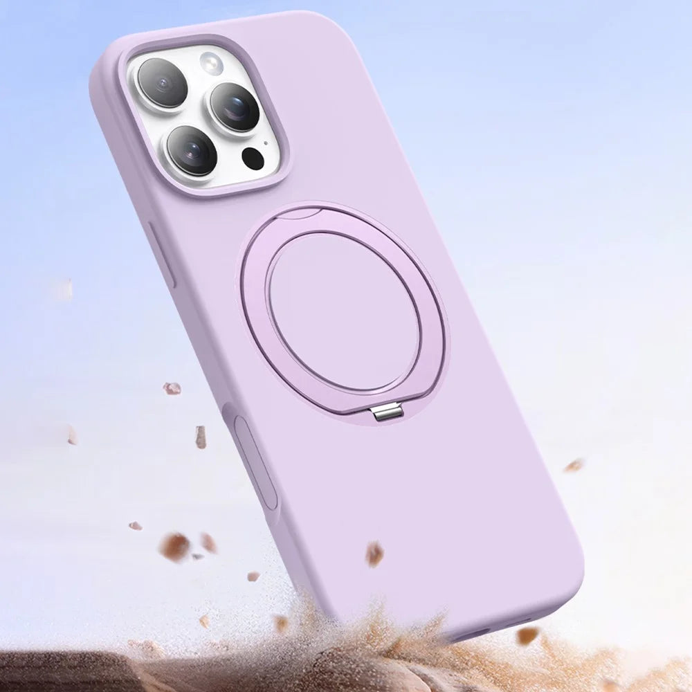 For iPhone 16 Case Rotating Kickstand Liquid Silicone + PC Phone Cover with Camera Touch Control Button - Light Purple - 5