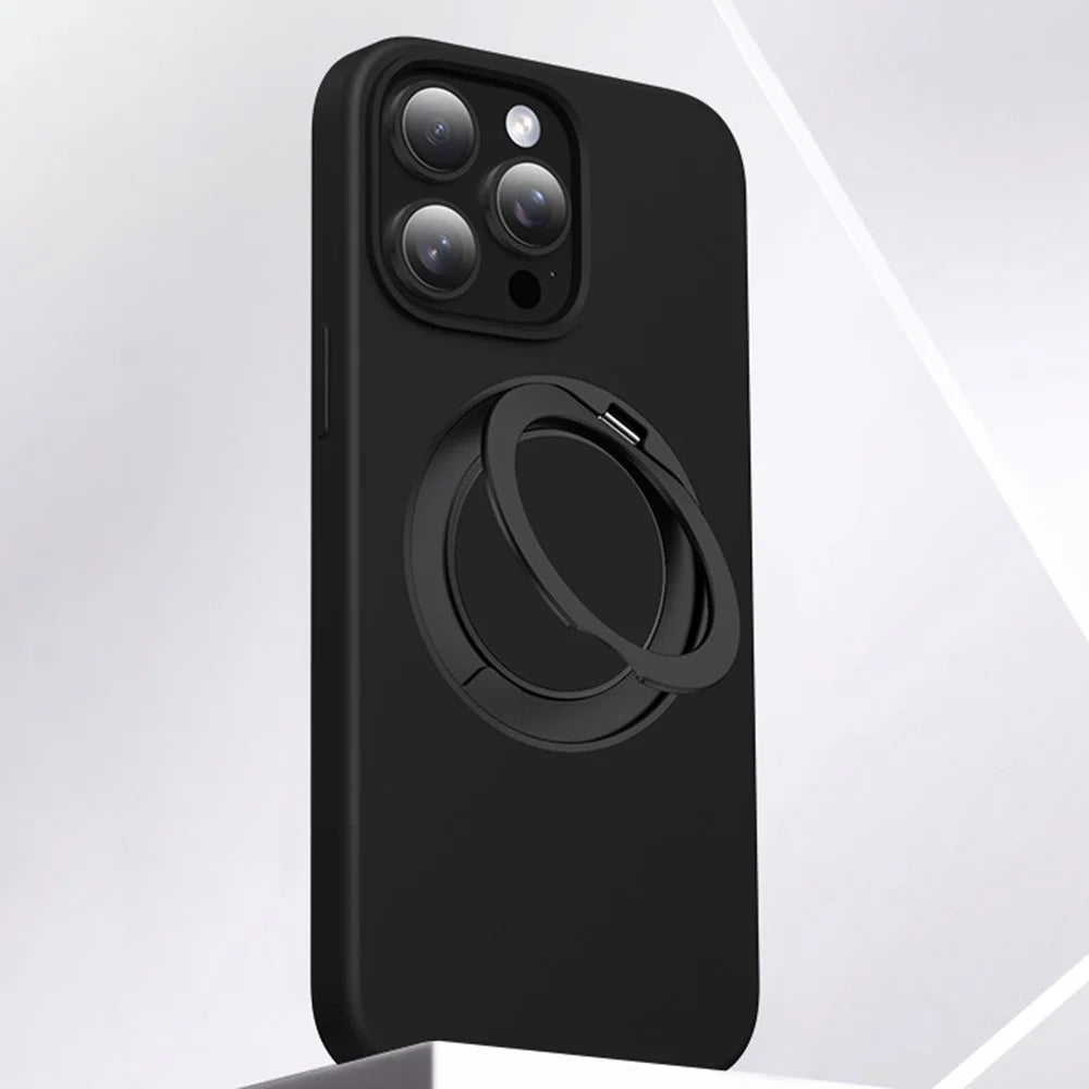 For iPhone 15 Pro Max Case Rotating Kickstand Liquid Silicone + PC Phone Cover - Black - 1