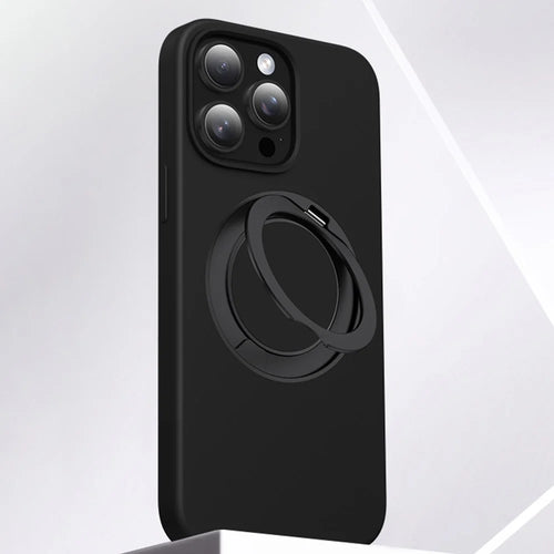 For iPhone 15 Pro Max Case Rotating Kickstand Liquid Silicone + PC Phone Cover - Black - 1