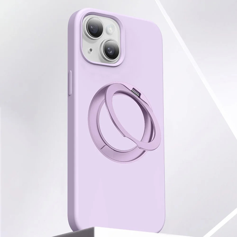 For iPhone 15 Case Rotating Kickstand Liquid Silicone + PC Phone Cover - Light Purple - 1