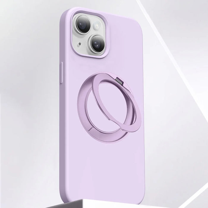 For iPhone 15 Case Rotating Kickstand Liquid Silicone + PC Phone Cover - Light Purple - 1