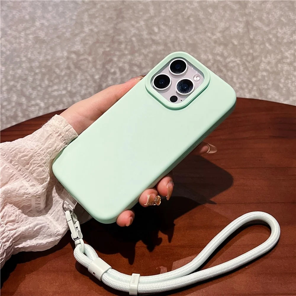 For iPhone 16 Pro Max Case Soft Microfiber Lining Liquid Silicone + PC Phone Cover with Wrist Strap - Light Green - 2