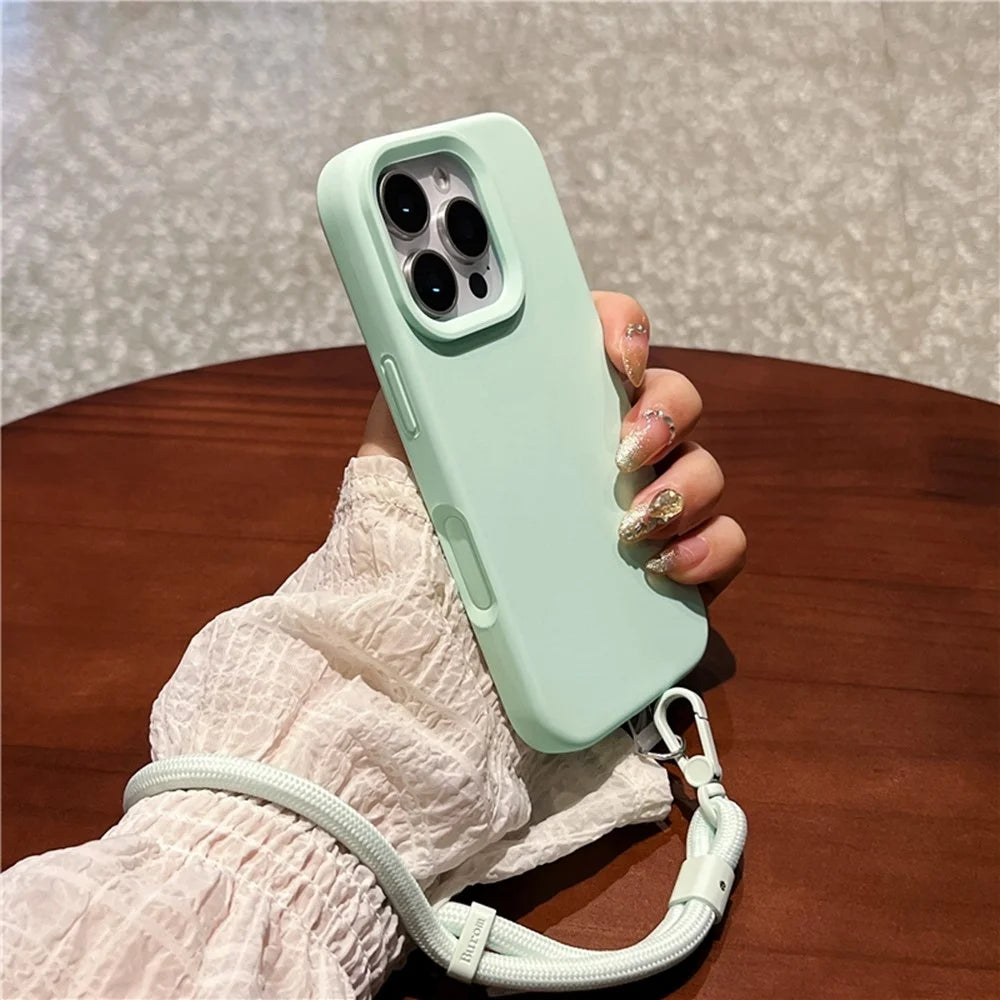 For iPhone 16 Pro Max Case Soft Microfiber Lining Liquid Silicone + PC Phone Cover with Wrist Strap - Light Green - 3