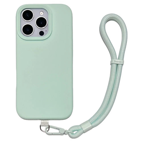 For iPhone 16 Pro Case Soft Microfiber Lining Liquid Silicone + PC Phone Cover with Wrist Strap - Light Green - 1