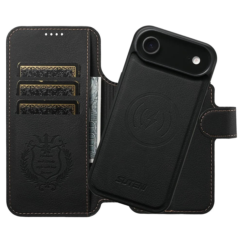 SUTENI Q-05 For iPhone Air Case Detachable Wallet Stand Litchi Texture Leather Flip Phone Cover - Black - 3