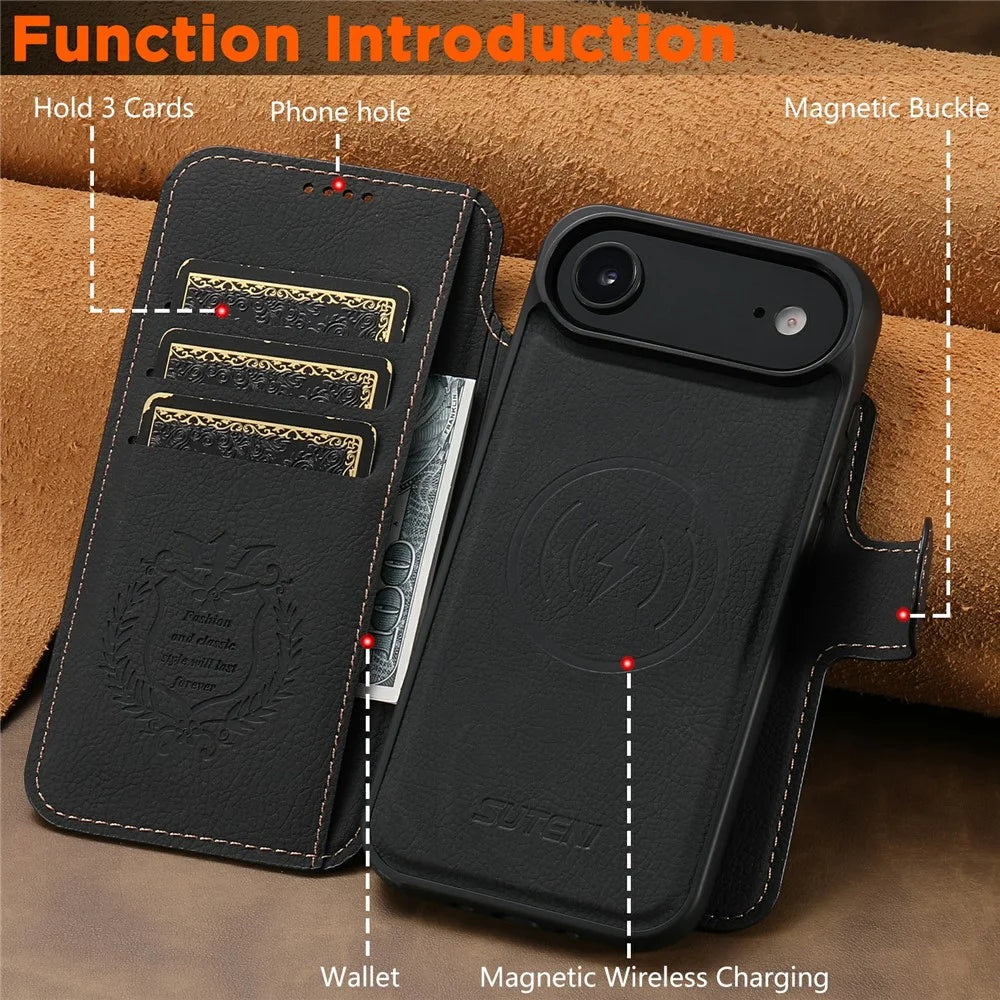 SUTENI Q-05 For iPhone Air Case Detachable Wallet Stand Litchi Texture Leather Flip Phone Cover - Black - 4