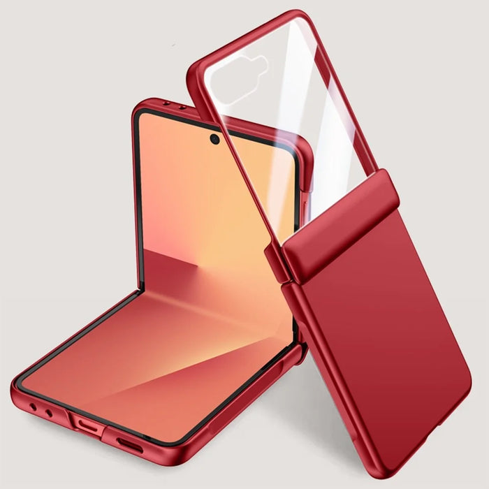 For Samsung Galaxy Z Flip7 5G Case Hard PC Hinge Protection Phone Cover with Rear Small Screen Protector - Red - 1