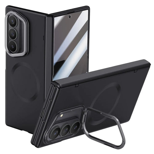 For Samsung Galaxy Z Fold7 5G Magnetic Case Hard PC Phone Cover with HD Tempered Glass Film, Lens Kickstand - Black - 1