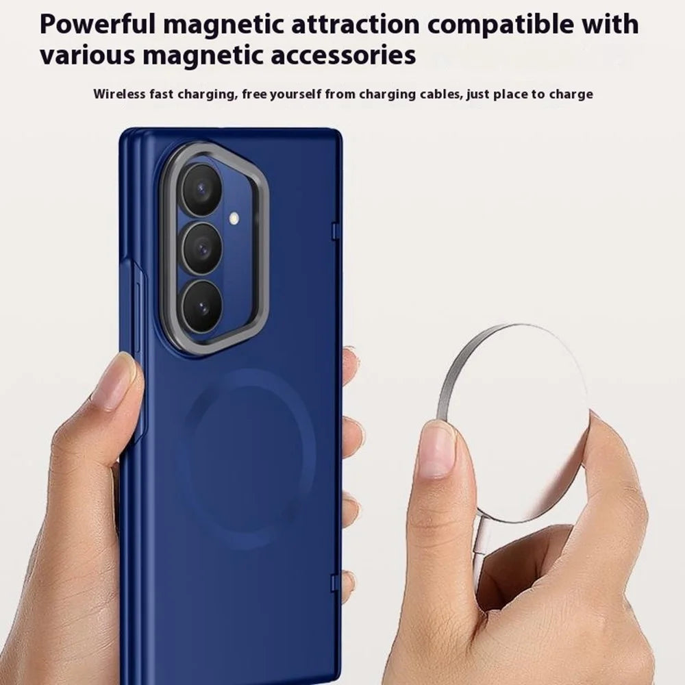 For Samsung Galaxy Z Fold7 5G Magnetic Case Hard PC Phone Cover with HD Tempered Glass Film, Lens Kickstand - Black - 6