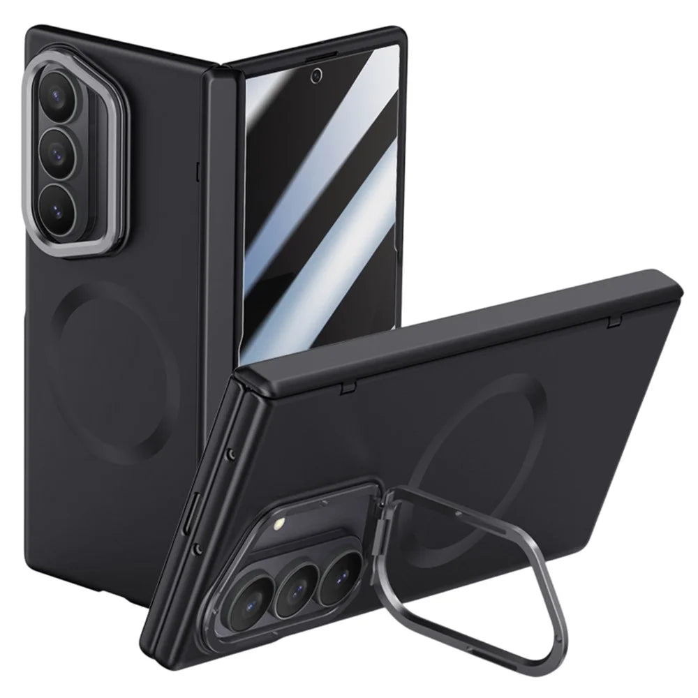 For Samsung Galaxy Z Fold7 5G Magnetic Case Hard PC Phone Cover with Privacy Tempered Glass Film / Lens Kickstand - Black - 1