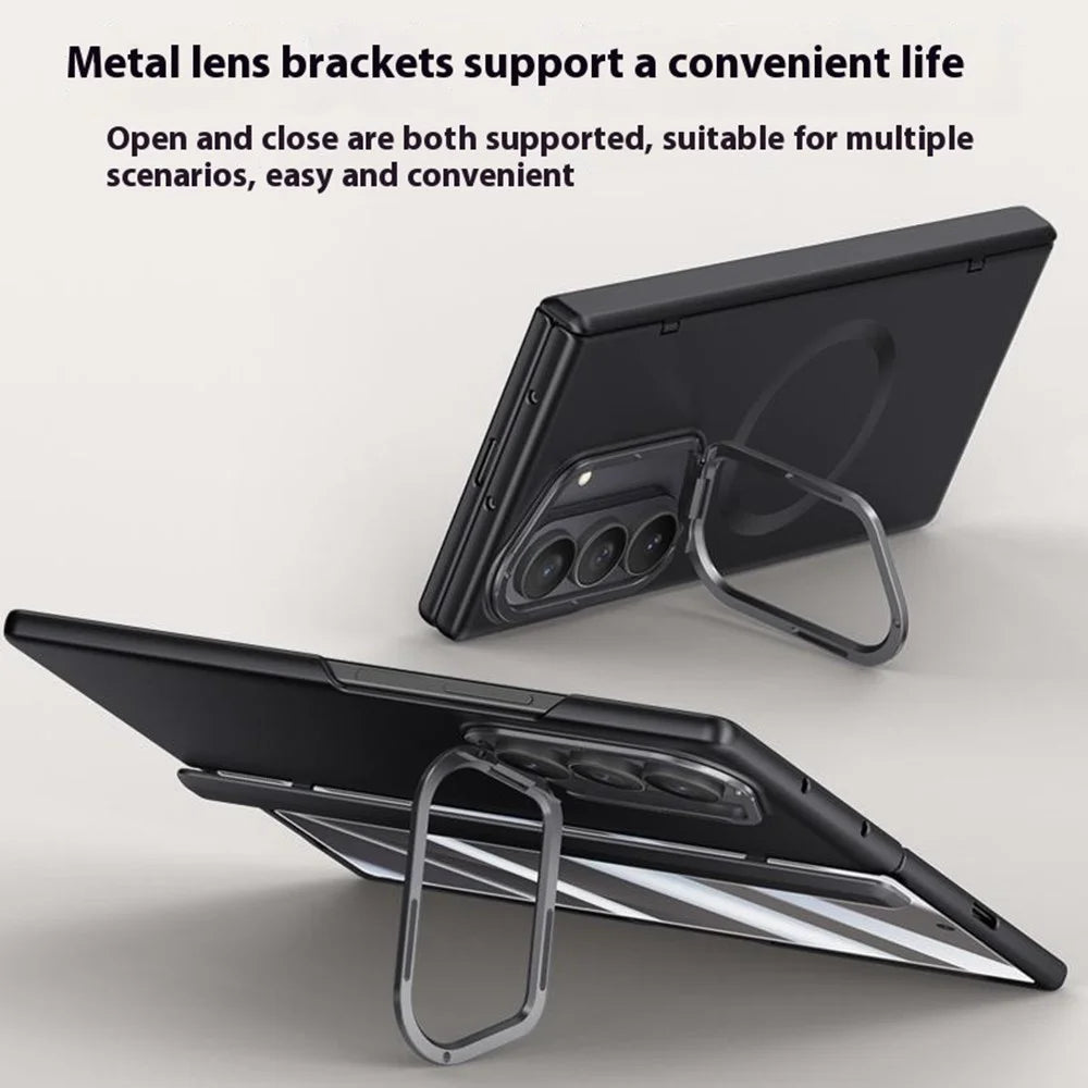 For Samsung Galaxy Z Fold7 5G Magnetic Case Hard PC Phone Cover with Privacy Tempered Glass Film / Lens Kickstand - Black - 5