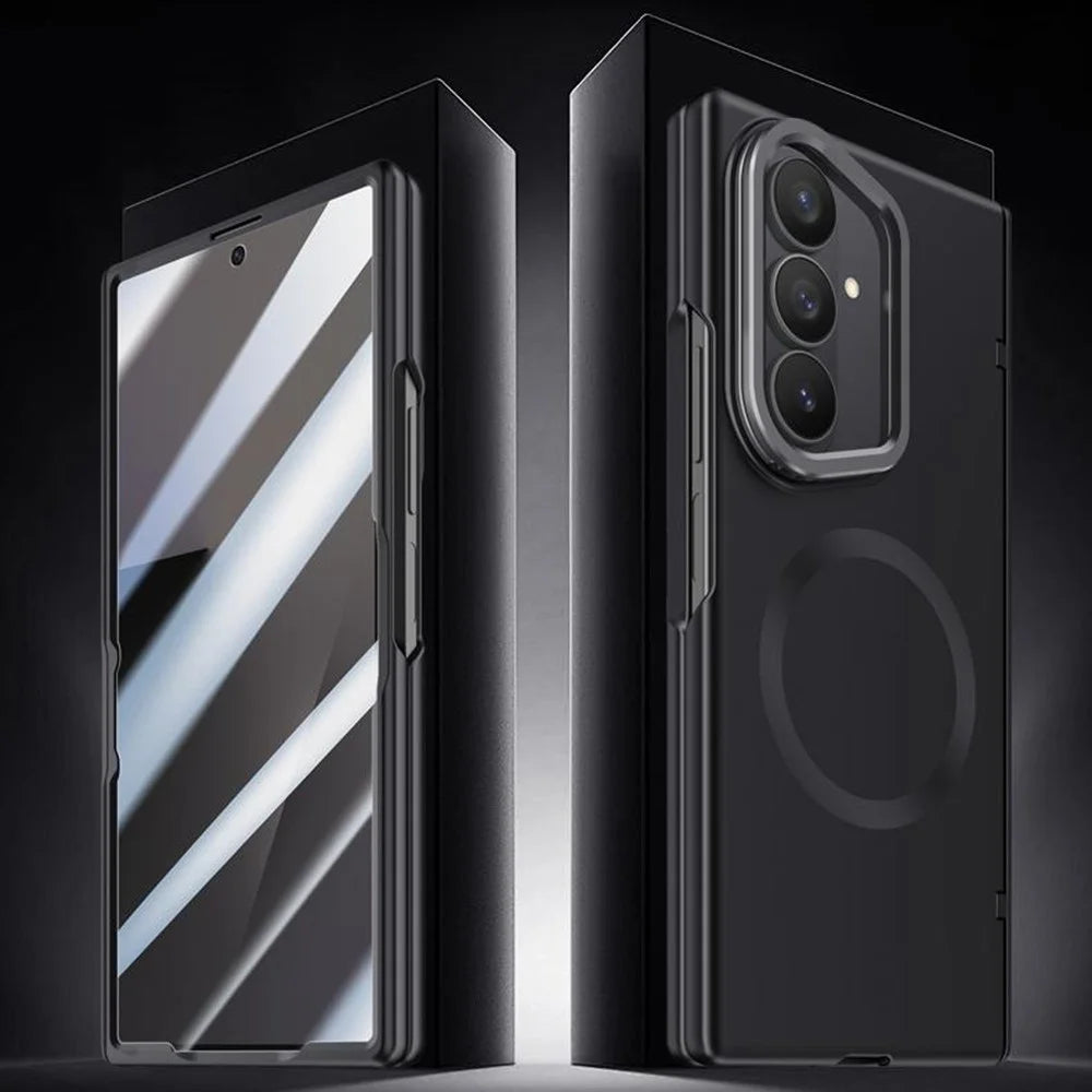 For Samsung Galaxy Z Fold7 5G Magnetic Case Hard PC Phone Cover with Privacy Tempered Glass Film / Lens Kickstand - Black - 7