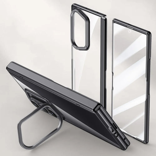 For Samsung Galaxy Z Fold7 5G Case PC + Acrylic Phone Cover with HD Tempered Glass Film, Lens Kickstand - Black - 1