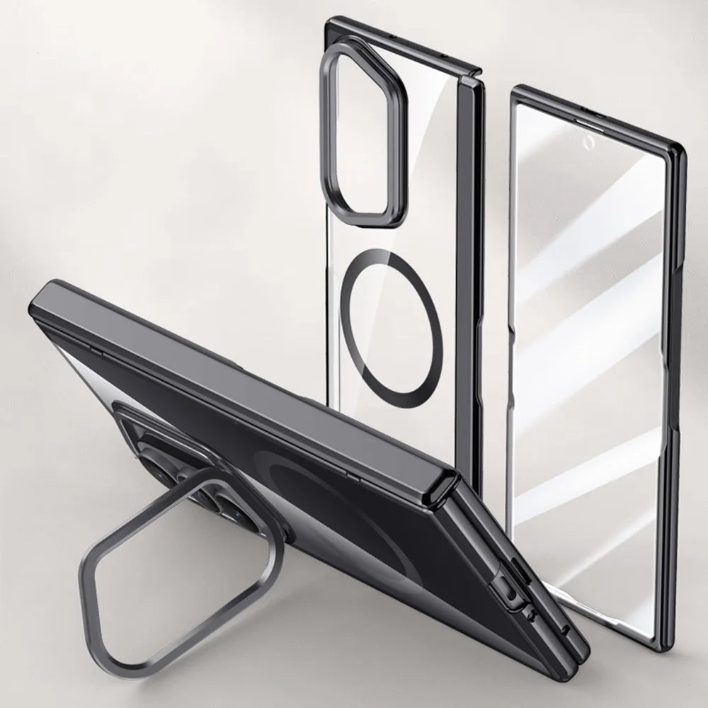 For Samsung Galaxy Z Fold7 5G Magnetic Case PC + Acrylic Phone Cover with HD Tempered Glass Film, Lens Kickstand - Black - 2