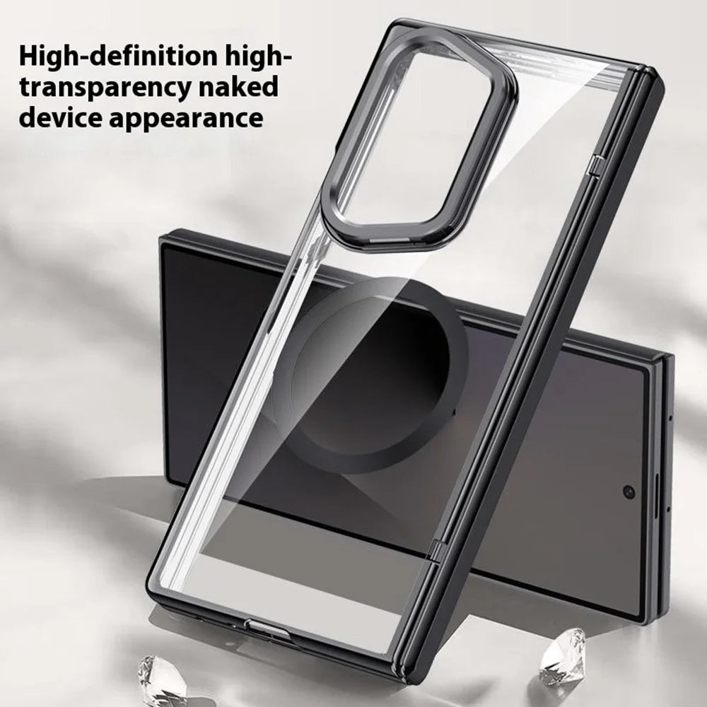 For Samsung Galaxy Z Fold7 5G Magnetic Case PC + Acrylic Phone Cover with HD Tempered Glass Film, Lens Kickstand - Black - 4
