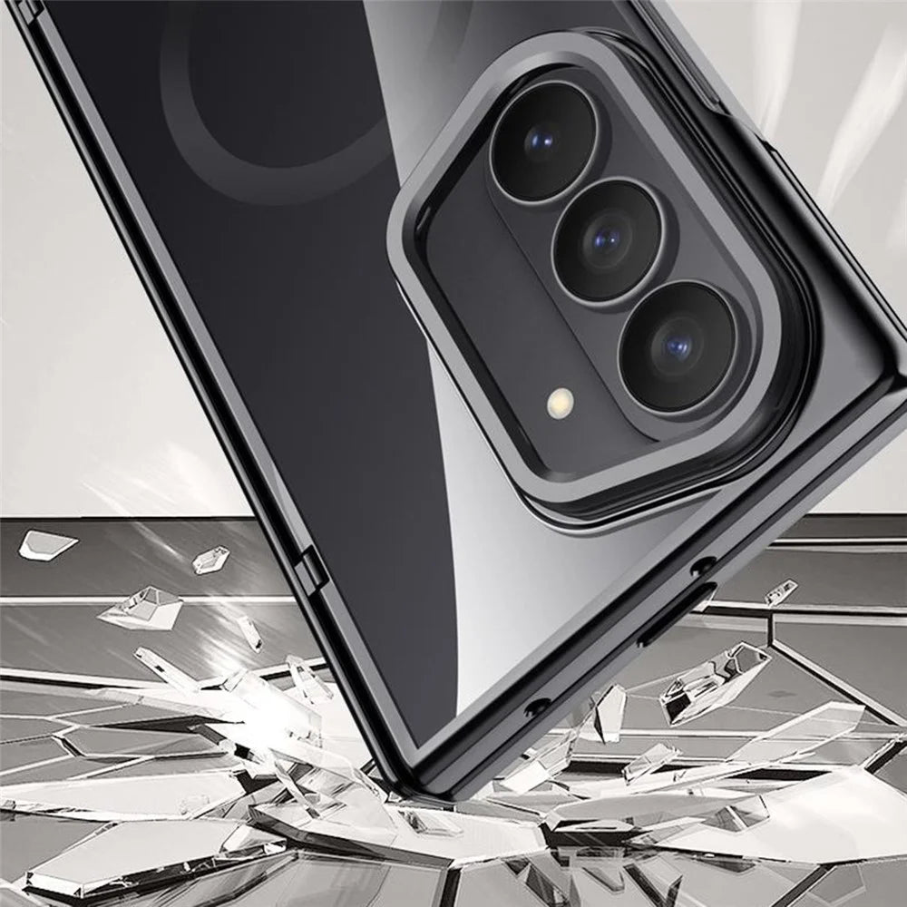 For Samsung Galaxy Z Fold7 5G Magnetic Case PC + Acrylic Phone Cover with HD Tempered Glass Film, Lens Kickstand - Black - 6